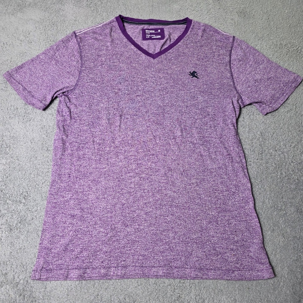 Express Mens Large V-Neck T-Shirt Purple Heathered Slub Cotton Logo Tee